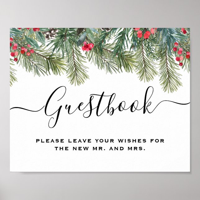 Poster Rustic Winter Berry Pine Greenery Wedding (Frente)