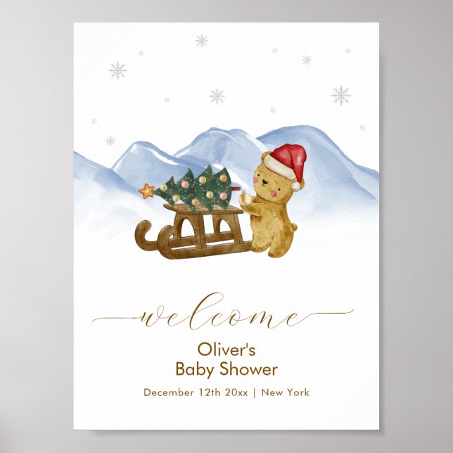 Poster Rustic Winter Sleigh Bear Baby Shower Welcome (Frente)