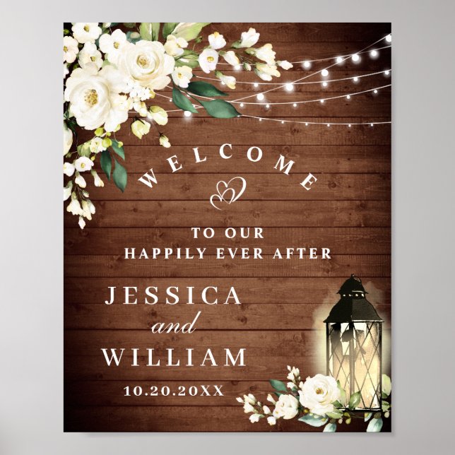 Poster Rustic Wood & Blush Roses Floral Wedding Welcome (Frente)