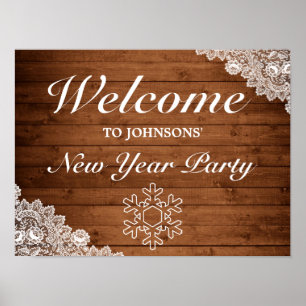 Poster Rustic Wood & Lace Snowflake New Year Welcome Sign