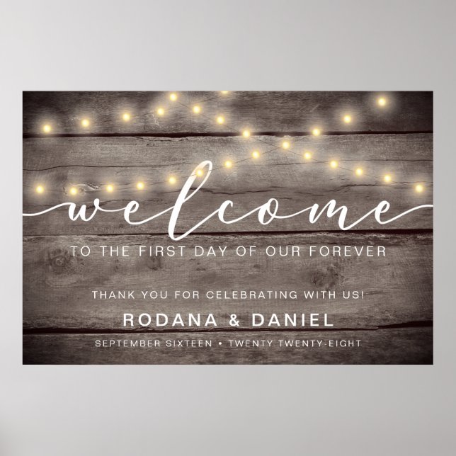 Poster Rustic Wood Lights Welcome Wedding Sign (Frente)