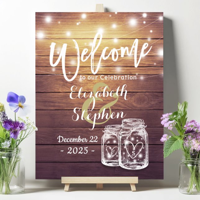 Poster Rustic Wood Mason Jar String Light Casamento Bem-V (Criador carregado)