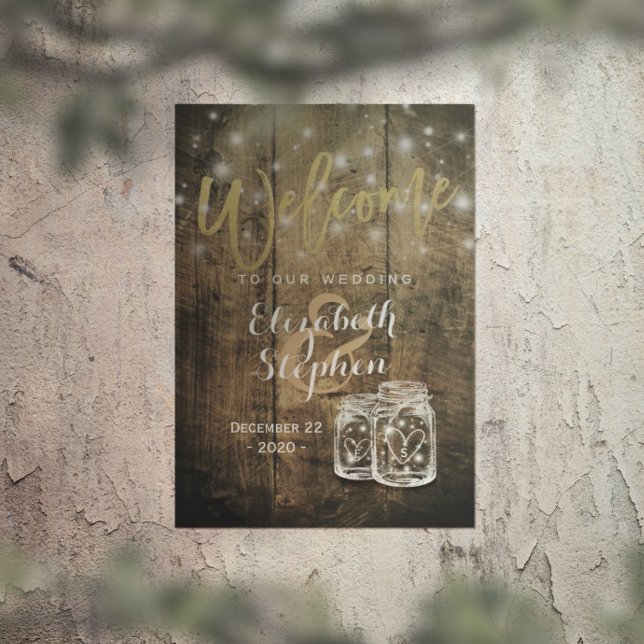 Poster Rustic Wood Mason Jar String Light Wedding Welcome (Criador carregado)