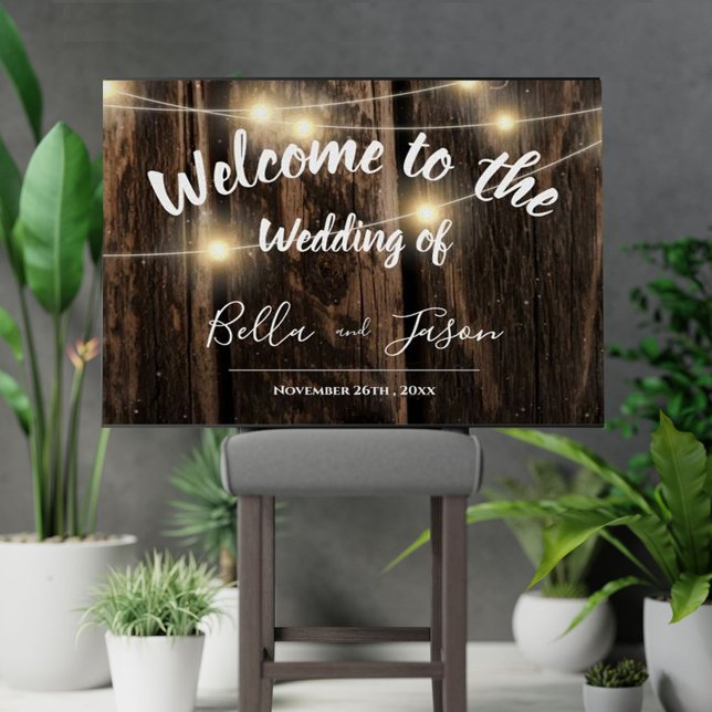 Poster Rustic Wood String Lights Country Weding Bem-vindo (Rustic Wood String Lights Country Wedding Welcome Poster)