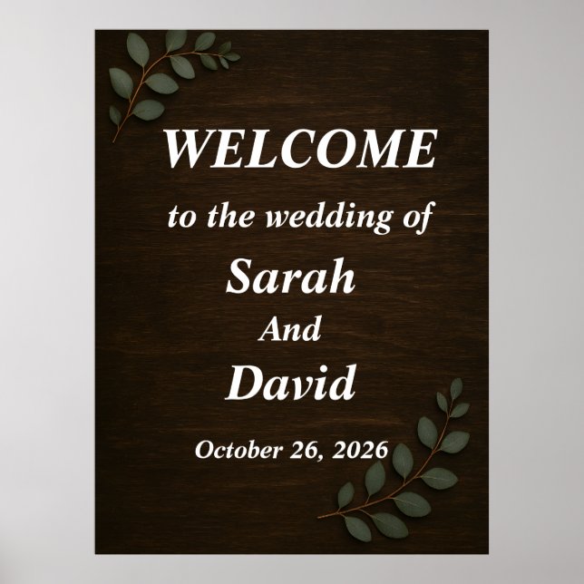 Poster Rustic Wood Wedding Welcome Sign with Eucalyptus L (Frente)