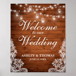 Poster Rústico Casamento Madeira Mason Jar Lights Lace