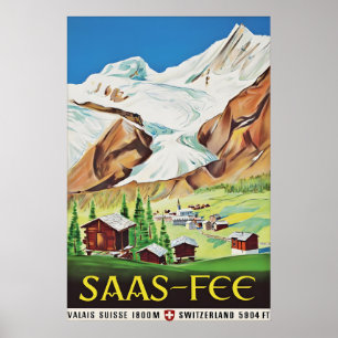 Poster Saas Fee Suíça Cartaz de Viagem Vintage, Suíço