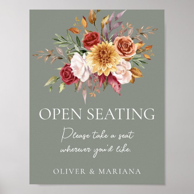 Poster Sábio Floral Verde Casamento Aberto Sinal (Frente)