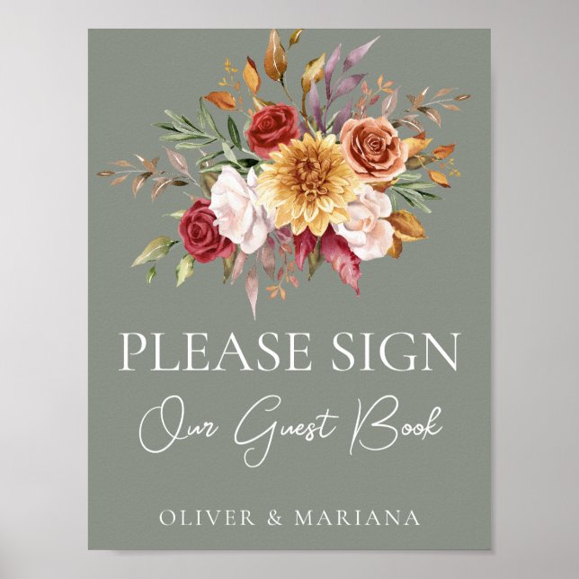 Poster Sábio Floral Verde de Casamento Verde Sinal de Liv (Frente)