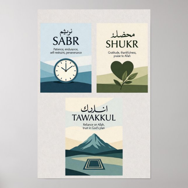 Poster Sabr, Shukr, Tawakkul | Modern Muslim Home Gift (Frente)