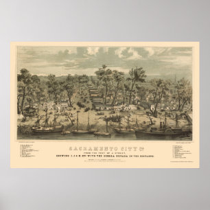 Poster Sacramento, mapa panorâmico de CA - 1850