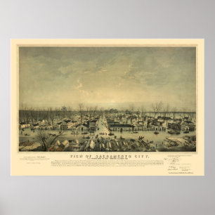 Pôster Sacramento, mapa panorâmico de CA - 1850