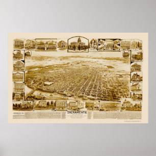 Poster Sacramento, mapa panorâmico de CA - 1890's