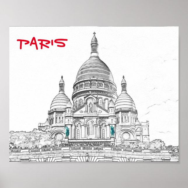 Poster Sacre Coeur Basilica em Montmartre Hill, Paris (Frente)
