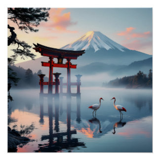 Pôster Sacred Dance: Red Crown Cranes at Fuji's Gate