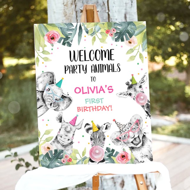 Poster Safari Animals Girl Birthday Welcome Table Sign (Criador carregado)