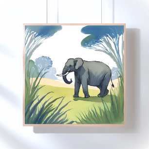 Poster Safári de Elefante Aquarela da Natureza Bonita