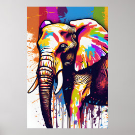 Poster Safari Elephant Art, Rainbow Paint Splatter Wall