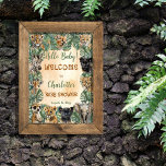 Poster Safari Selgle Selgle Animal Olá Chá de fraldas<br><div class="desc">Sexo neutro "Olá,  querida!" safari,  bebês animais selvagens selvagens da selva Chá de fraldas com folhagem tropical verde. Design composto por Designs Holiday Hearts.</div>