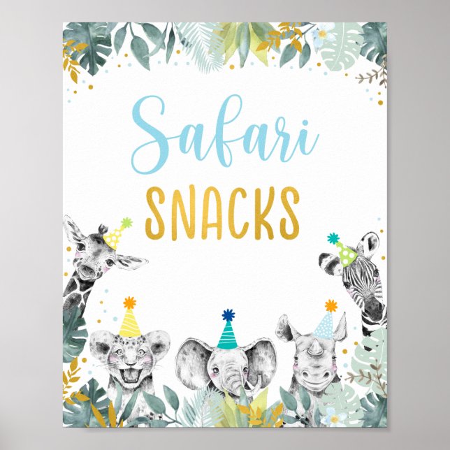 Poster Safari Snacks Blue Dourado Festa Sinal de Aniversá (Frente)