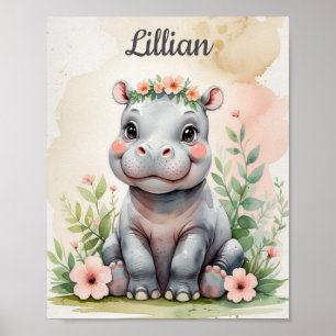 Poster Safari Watercolor Baby Hippo Girls Nursery