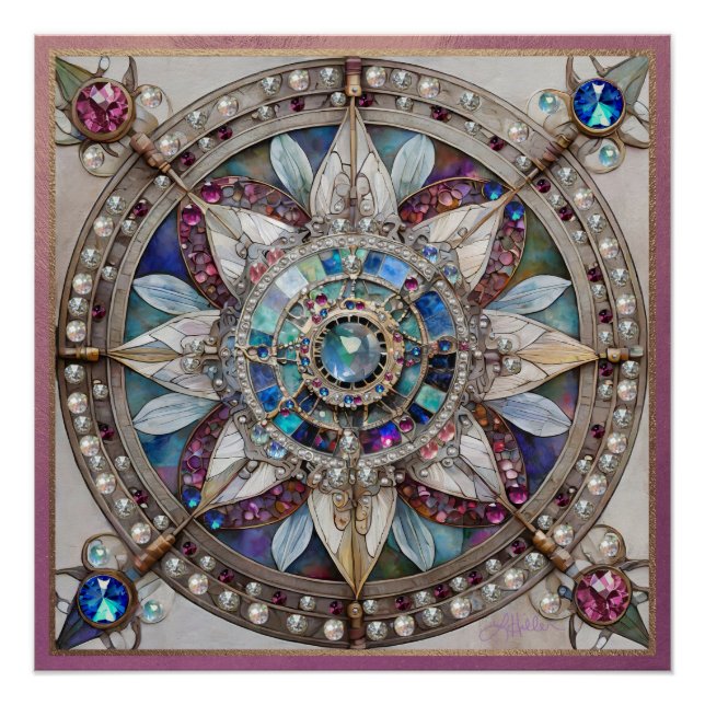 Pôster Safiras Rosa e Azul Diamantes Pérolas Mandala (Frente)