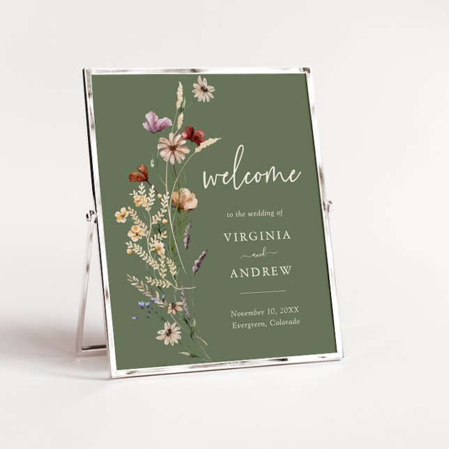 Poster Sage Boho Bem-vindo às Flores Silvestres de Casame (Sage Green Boho Wildflower Welcome Wedding Poster by Painted Paperie
)