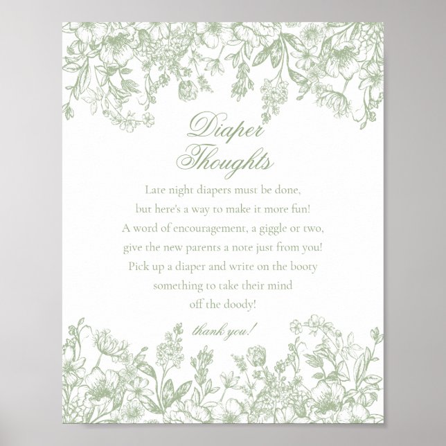 Poster Sage Chinoiserie Flora Diaper Thoughts Baby Shower (Frente)