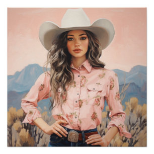 Pôster Sage em Coral: Arte de Muro de Cowgirl