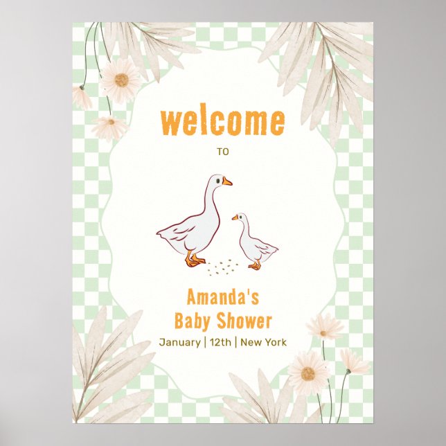 Poster Sage Gingham Boho Daisy Ganso Chá de Bebê Bem-Vind (Frente)