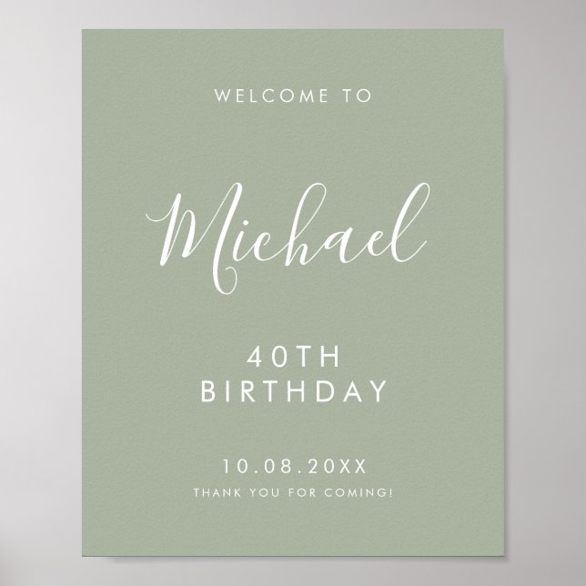 Poster Sage Gree Handwritten Script 40th Birthday Welcome (Frente)