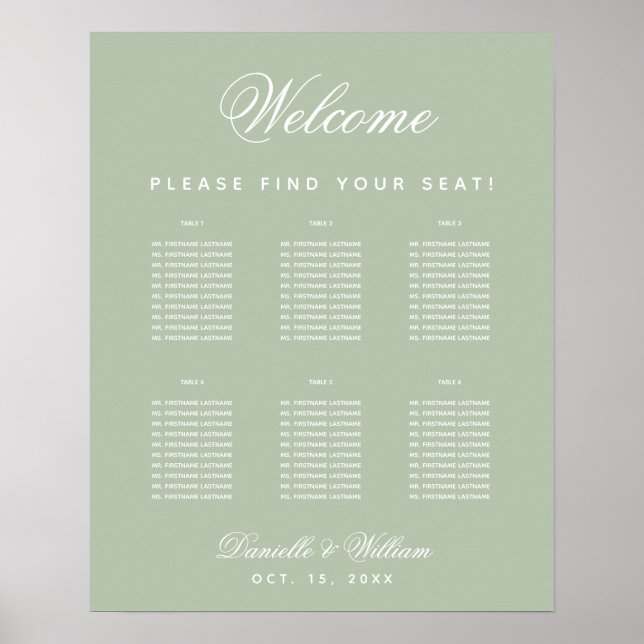 Poster Sage Green 6 Mesa Simple Weding Seating Chart (Frente)