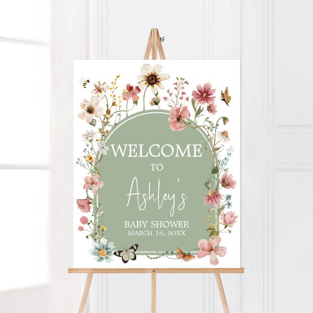 Poster Sage Green Baby Bloom Chá de fraldas Bem-vindo (Gender Neutral Wildflower Baby Shower Welcome Sign)
