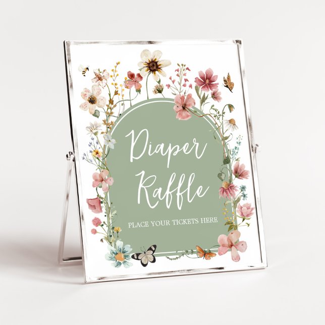 Poster Sage Green Baby Bloom Fralda Raffle (Gender Neutral Wildflower Baby Shower Diaper Raffle Sign)