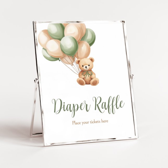 Poster Sage Green Bear Balão Chá de fraldas Fralda Raffle (Green Boho Bear Baby Shower Diaper Raffle Sign)