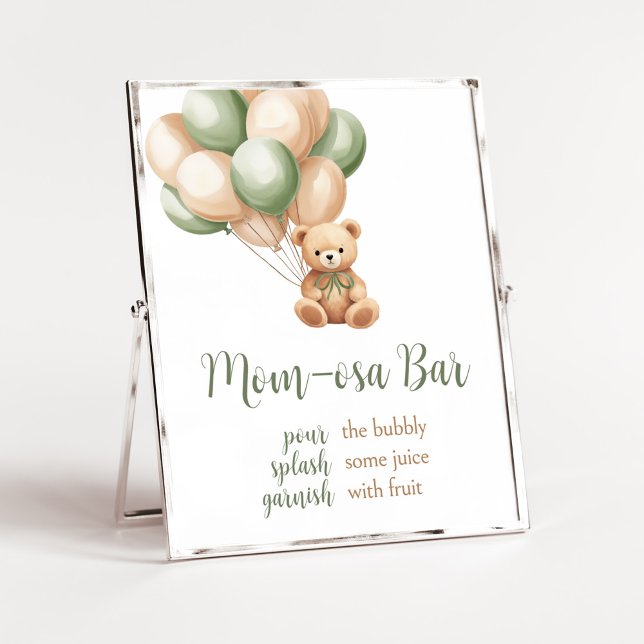 Poster Sage Green Bear Balão Chá de fraldas Mãe Bar Osa (Green Boho Bear Baby Shower Mom Osa Bar Sign)