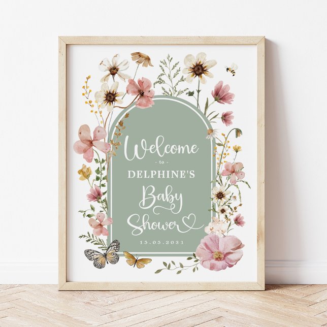Poster Sage Green Boho Chá de fraldas Wildflower Welcome (Criador carregado)