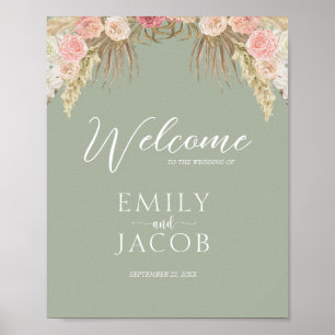 Poster Sage Green Boho Floral Whimsical Wedding Bem-vindo