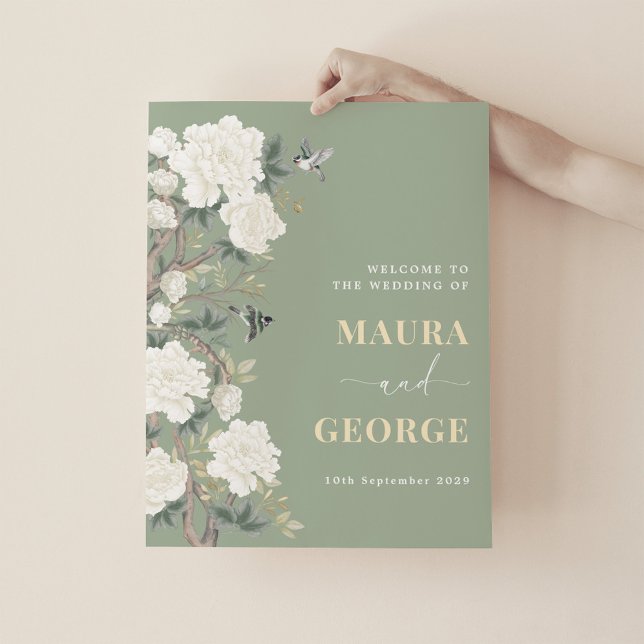 Poster Sage Green Chinoiserie Floral Weding Bem-vindo (Criador carregado)