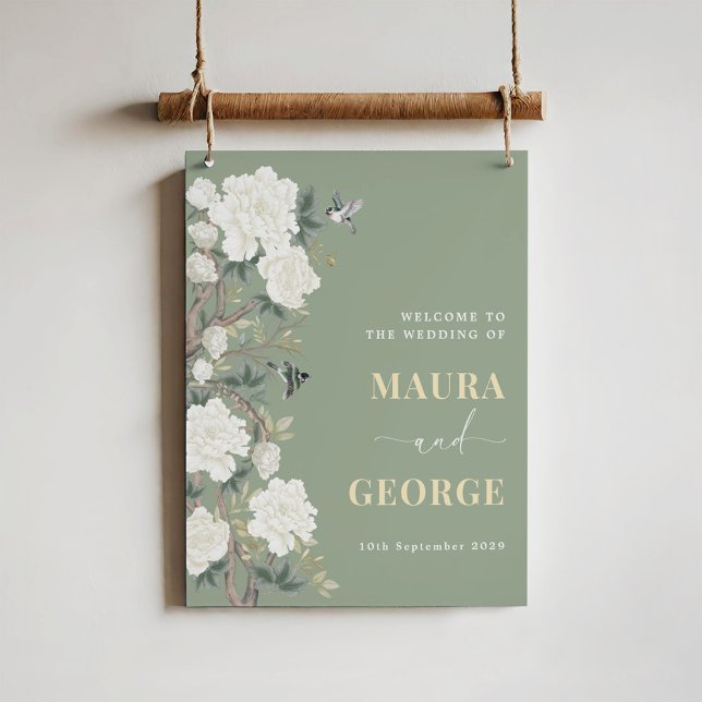 Poster Sage Green Chinoiserie Flower Bird Weding (Criador carregado)