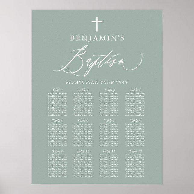 Poster Sage Green Cross Boy Baptism Sign (Frente)