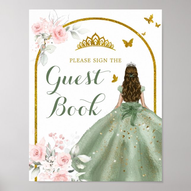 Poster Sage Green Dourada Floral Quinceañera Guest Book (Frente)