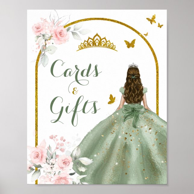 Poster Sage Green Dourada Princesa Quinceañera Card e pre (Frente)