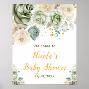 Poster Sage Green e Cream Chá de fraldas Floral bem-vindo