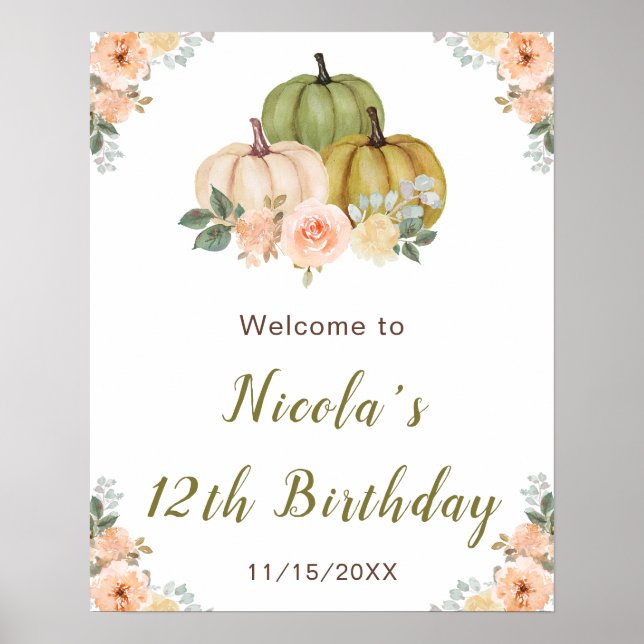 Poster Sage Green e Peach Floral Pumpkins Aniversário (Frente)