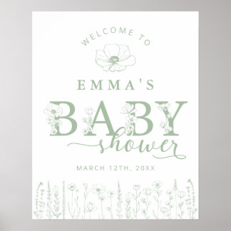 Poster Sage Green Floral Baby Shower Welcome Sign