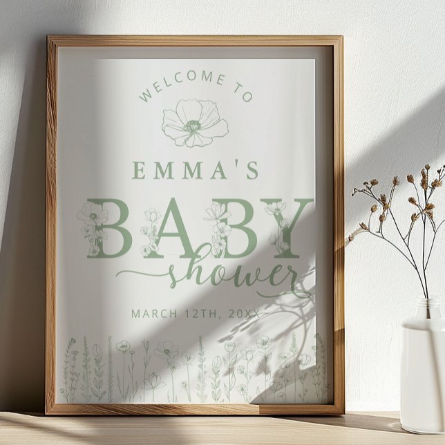 Poster Sage Green Floral Baby Shower Welcome Sign (Baby Shower Welcome Sign)
