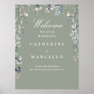 Poster Sage Green Floral Cascade Wedding Welcome Sign