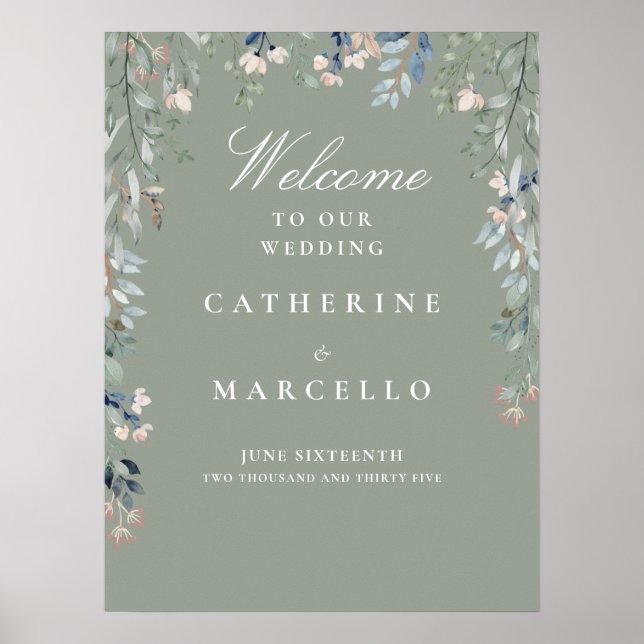Poster Sage Green Floral Cascade Wedding Welcome Sign (Frente)