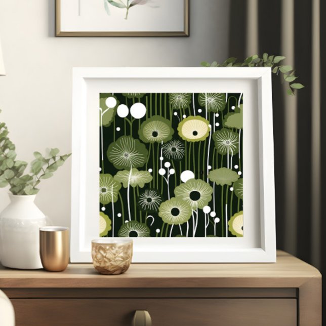 Poster Sage Green Floral em Preto (Sage green flower print on dark background in white frame)